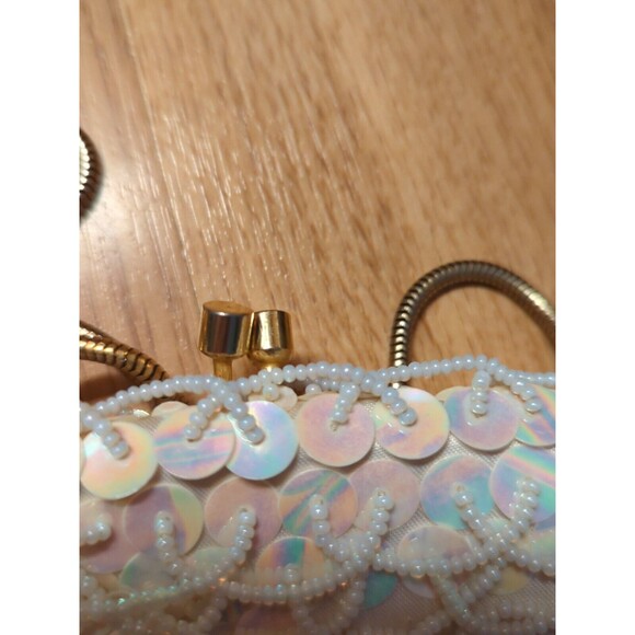 Clutch Evening Bag White Bead Sequin Vintage Wire Strap Hong Kong - Picture 8 of 10